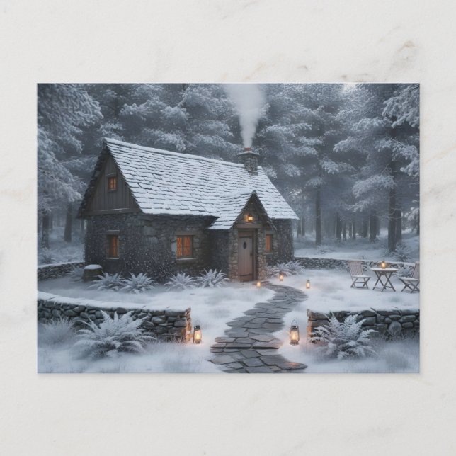 Gemütliches Winterhäuschen im Wald  Postkarte (Vorderseite)