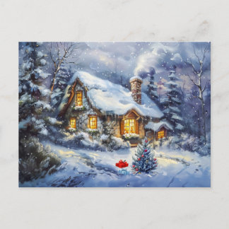 Gemütliches Winterhäuschen mit Weihnachtsbaum Postkarte