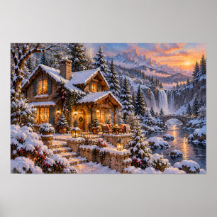Gemütliches Winterhäuschen neben einem Bergwasserf Poster