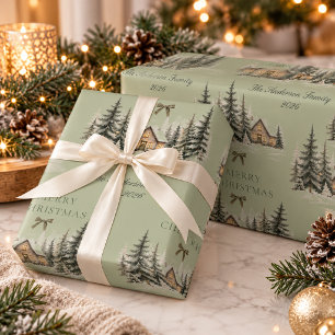 Gemütliches Winterhäuschen Oliven Grün Frohe Weihn Geschenkpapier