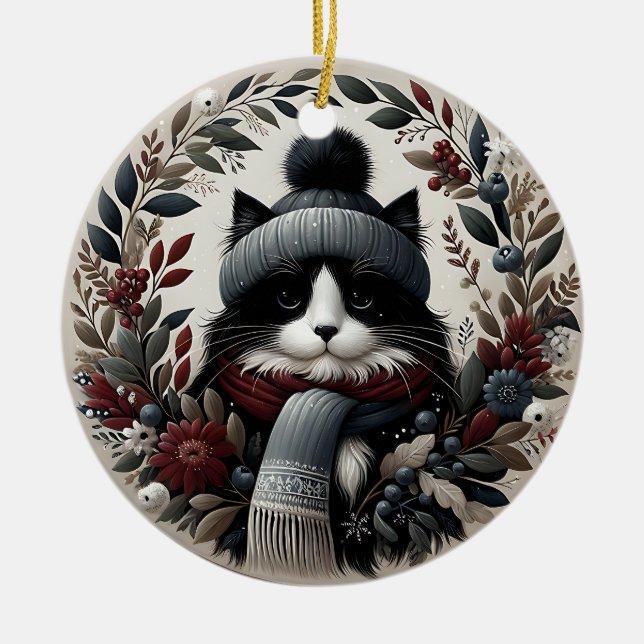 Gemütliches Winterkatzendekor Keramik Ornament (Vorne)