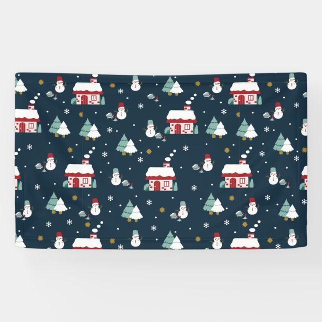 Gemütliches Winternachtsdorf und Snowmen Banner (Horizontal)