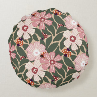 Gemütliches Woodland Ladybugs & Wildblume Earthy C Rundes Kissen