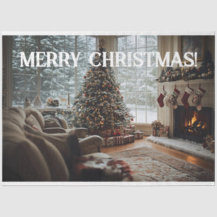 Gemütliches Zimmer Weihnachten , Kamin, Baum und S Seidenpapier