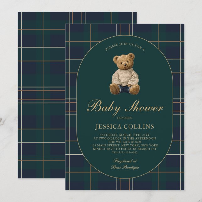Gender Neutral Blue Green Teddy Bear Baby Shower Einladung (Vorne/Hinten)