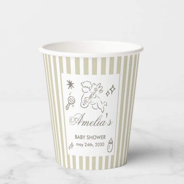 Gender Neutral doodle cupid Baby Shower Green Pappbecher (Vorderseite)