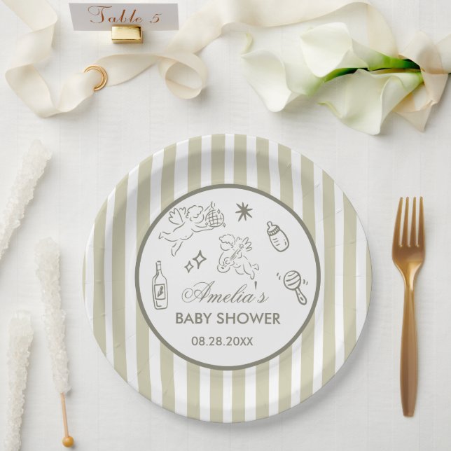 Gender Neutral doodle cupid Baby Shower Green Pappteller (Hochzeit)