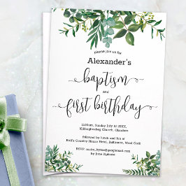 Gender neutral greenery baptism & 1st birthday einladung