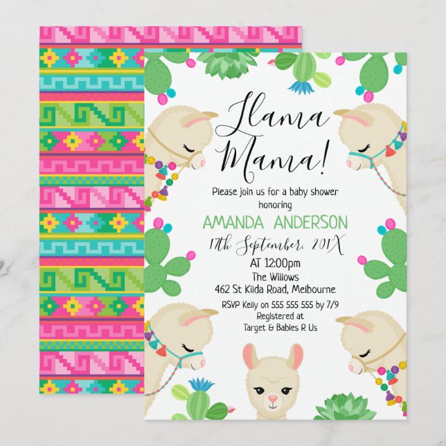 Gender Neutral Llama Mama Babydusche Einladung (Vorne/Hinten)