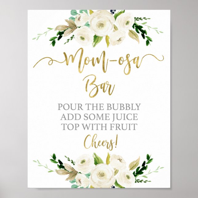 Gender Neutral white floral momosa bar sign Poster (Vorne)