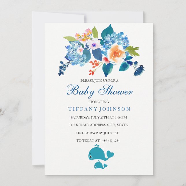Gender-Nuetral Floral Whale Baby Dusche Einladung (Vorderseite)
