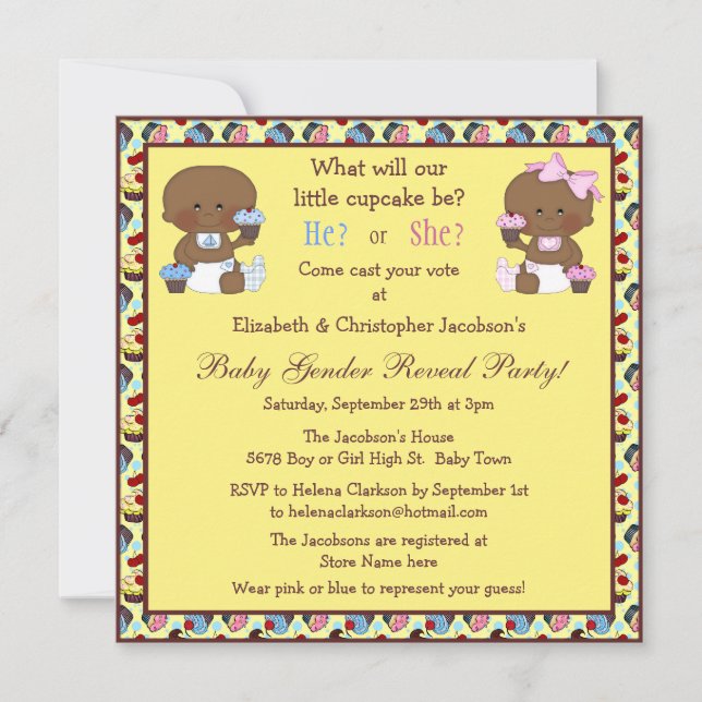 Gender Reveal African American Babies & Cupcakes Einladung (Vorderseite)