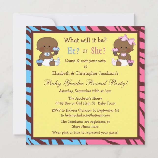 Gender Reveal African American Babies & Cupcakes Einladung (Vorderseite)