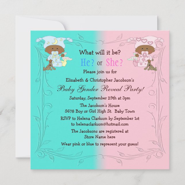 Gender Reveal Afro American Babies Pink & Blue Einladung (Vorderseite)