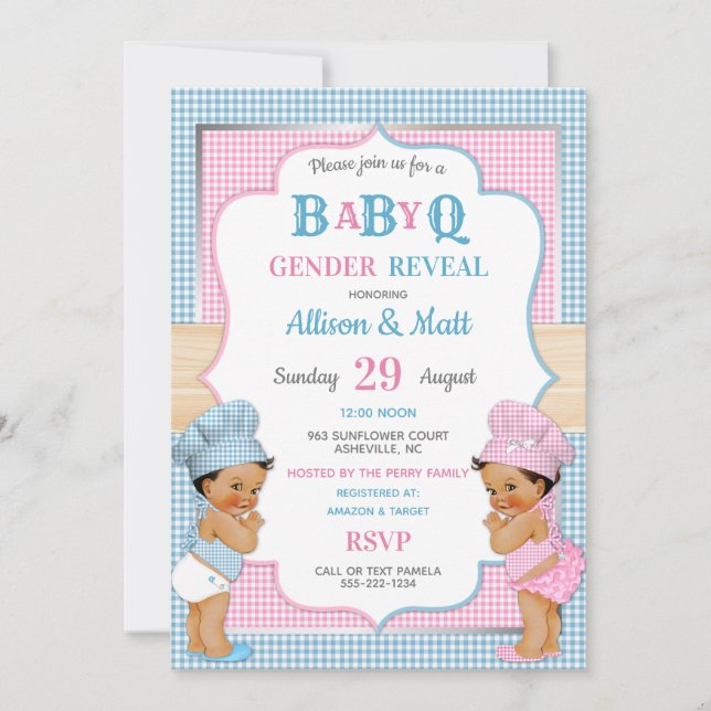Gender Reveal Baby Q GRILLEN Pink Blue Gingham Einladung (Vorderseite)
