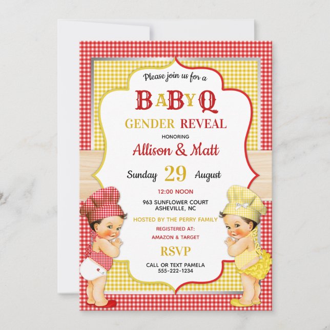 Gender Reveal Baby Q GRILLEN Red Yellow Gingham Einladung (Vorderseite)