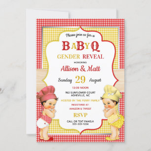 Gender Reveal Baby Q GRILLEN Red Yellow Gingham Einladung