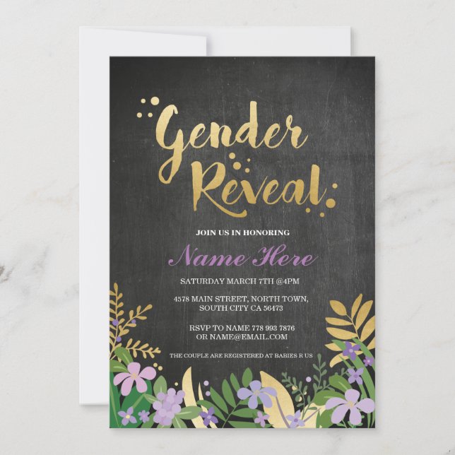 Gender Reveal Baby Shower laden Gold Lila Black ei Einladung (Vorderseite)