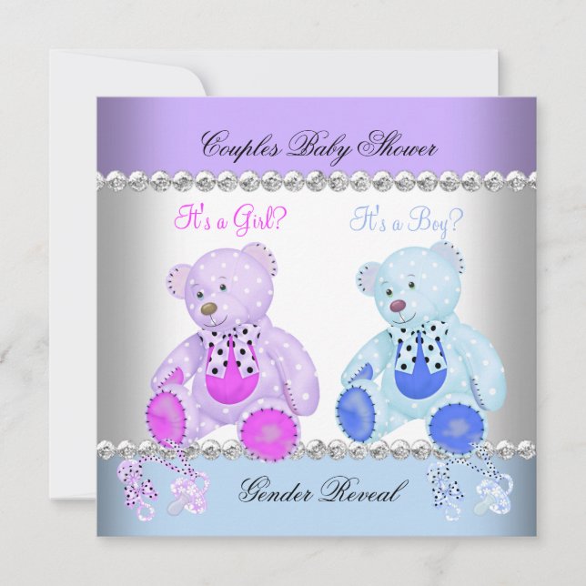 Gender Reveal Baby Shower Lila Blue Teddy Bears Einladung (Vorderseite)