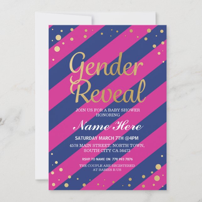 Gender Reveal Baby Shower Pink Blue Gold Einladung (Vorderseite)