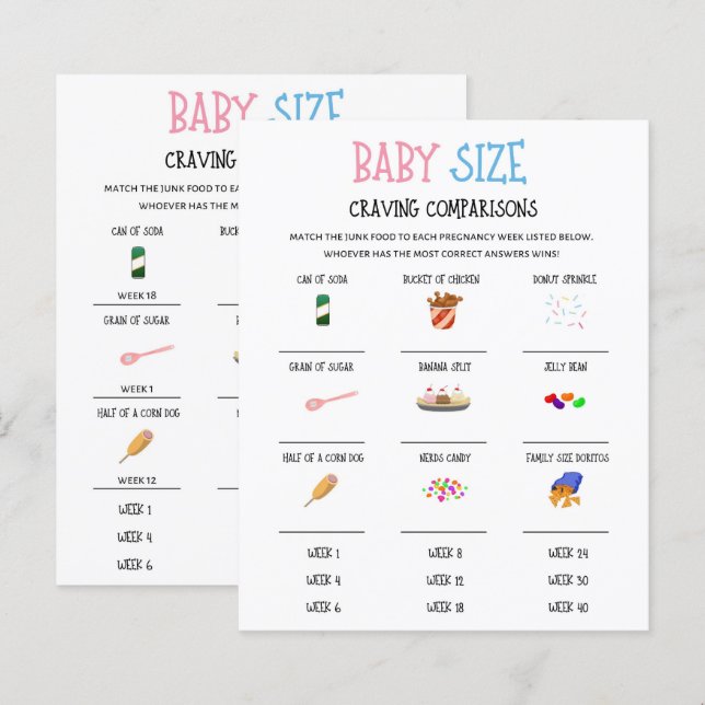 Gender Reveal Baby Size Craving Comparons Game (Vorne/Hinten)