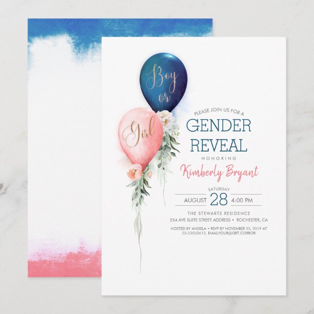 Gender Reveal Balloons Baby Dusche Einladung (Vorne/Hinten)