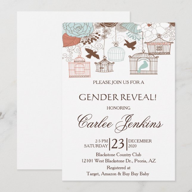 Gender Reveal Bird Cages Baby Shower Invite Einladung (Vorne/Hinten)