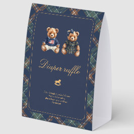 Gender Reveal Diaper Raffle Sign Navy Plaid Teddy Tischaufsteller