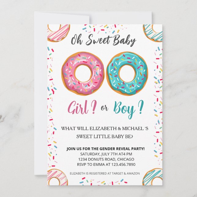 Gender Reveal Donut Theme Baby Shower Party Einladung (Vorderseite)