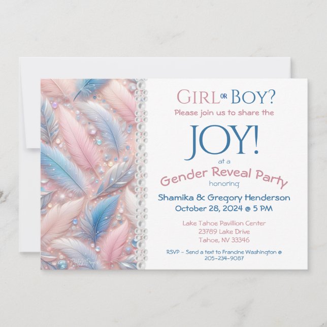 Gender Reveal Elegant Pink & Blue Feathers Einladung (Vorderseite)