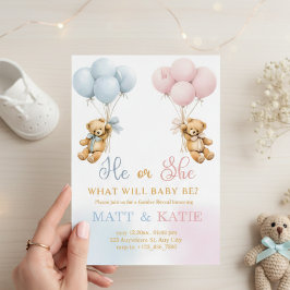 Gender Reveal "He or She Bear Balloons Blue Pink Einladung