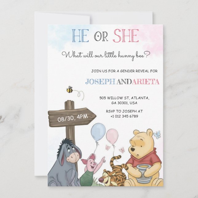 Gender reveal invitation card with joyful imagery  (Devant)