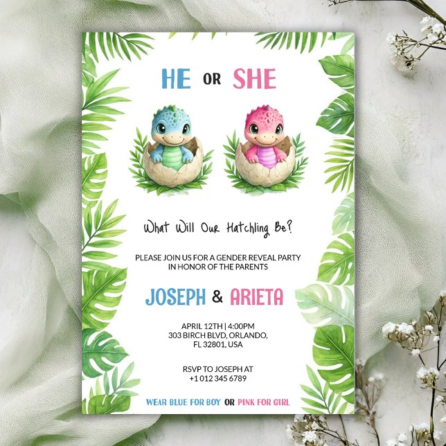 Gender reveal invitation with cartoon dinosaur egg (Créateur téléchargé)