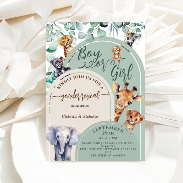 Gender Reveal Jungle Safari Tiere Grüne Einladung (Von Creator hochgeladen)