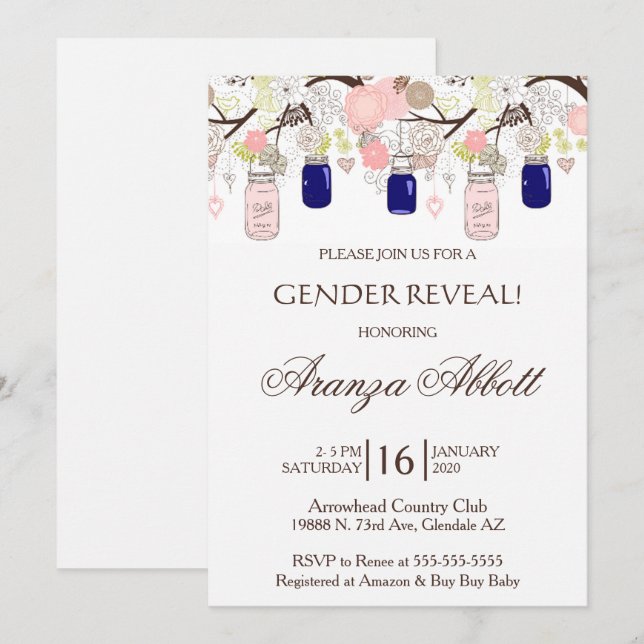 Gender Reveal Mason Jars Baby Shower Einladung (Vorne/Hinten)