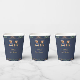 Gender Reveal Paper Cups Navy Plaid Teddy Bear Pappbecher