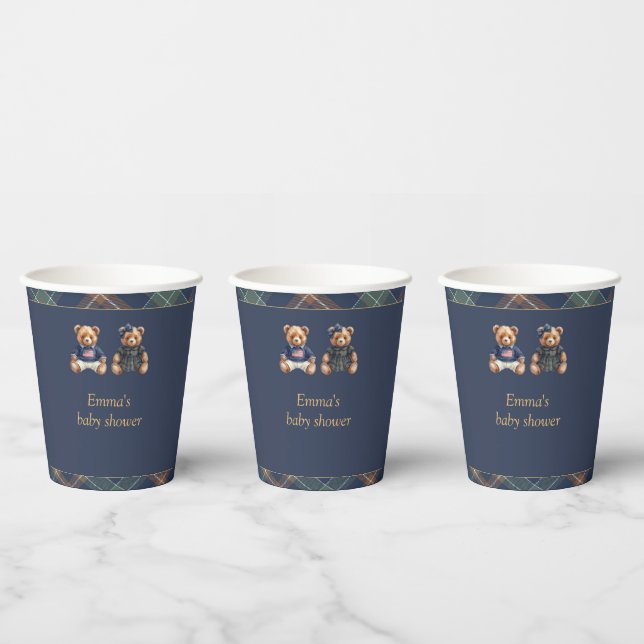 Gender Reveal Paper Cups Navy Plaid Teddy Bear Pappbecher (Multi)