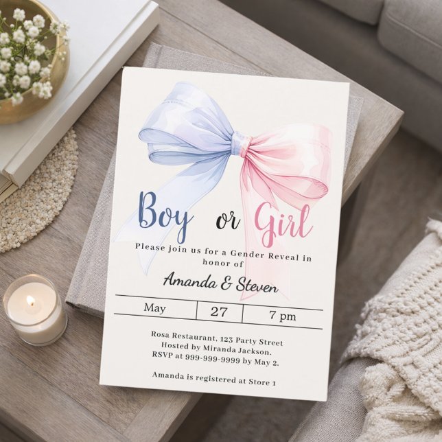 Gender reveal pink blue bow ivory boy girl einladung (Von Creator hochgeladen)