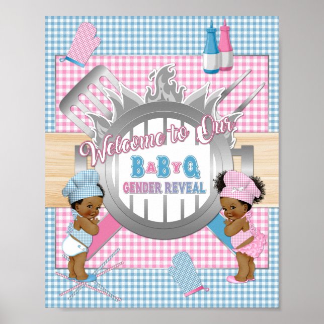 Gender Reveal Pink Blue Gingham Baby Q GRILLEN Pos Poster (Vorne)