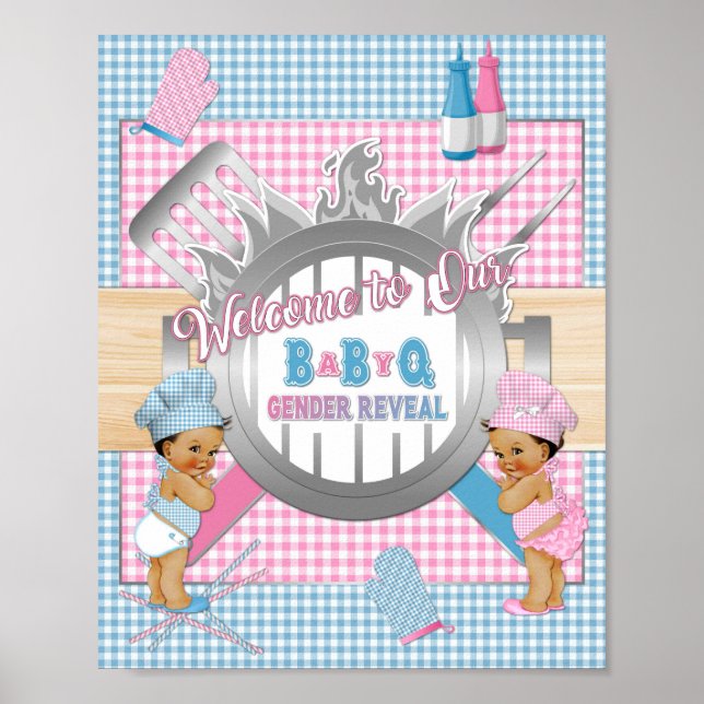 Gender Reveal Pink Blue Gingham Baby Q GRILLEN Pos Poster (Vorne)