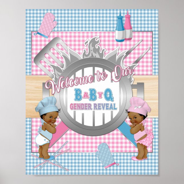 Gender Reveal Pink Blue Gingham Baby Q GRILLEN Poster (Vorne)