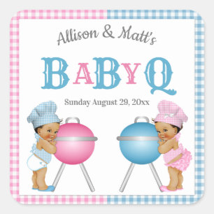 Gender Reveal Pink Blue Gingham BabyQ GRILLEN Quadratischer Aufkleber