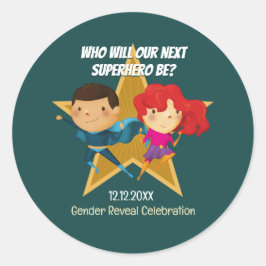 Gender Reveal Superhero Niedlich Blue Pink Green Runder Aufkleber