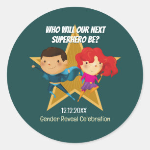Gender Reveal Superhero Niedlich Blue Pink Green Runder Aufkleber