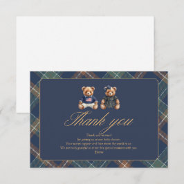 Gender Reveal Thank You Card Navy Plaid Teddy Bear Dankeskarte