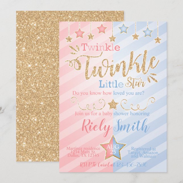 Gender Reveal Twinkle Little Star Baby Shower Einladung (Vorne/Hinten)
