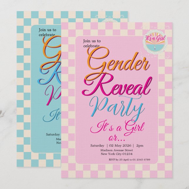 Gender Reveal Two-Sided Blue-Pink Plaid Checkered Einladung (Vorne/Hinten)