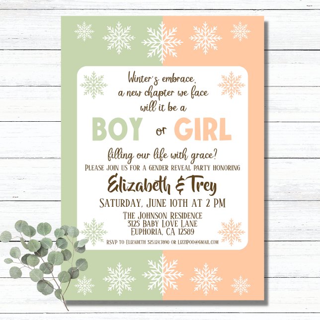 Gender Reveal über Olivenbäume und Peach Winter Sn Einladung (Forget the traditional pink and blue with this sage green and peach winter gender reveal invitation.)