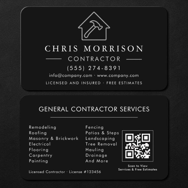 General Construction Contractor QR Code Black Visitenkarte (Von Creator hochgeladen)