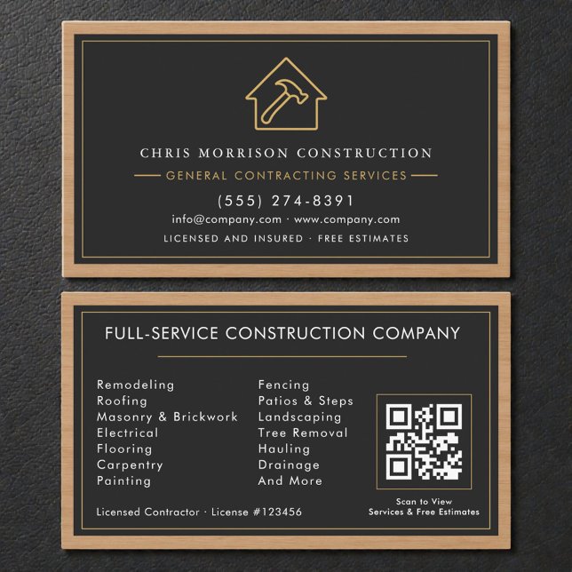 General Contractor Wood QR Code Black Gold  Visitenkarte (Von Creator hochgeladen)